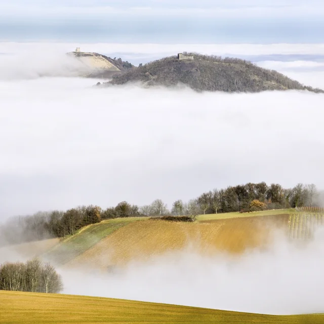 Un paysage montagneux avec de la brume couvrant les vallées, laissant apparaître des sommets, photographié par Daniel Bost.