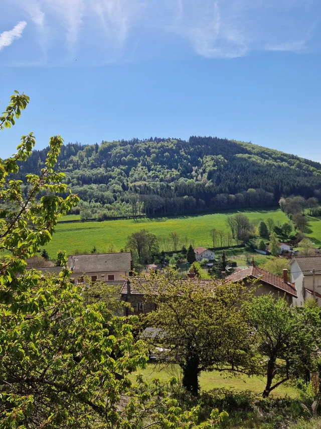 Vue sur le Mont Bar avec des maisons de village et des arbres au premier plan.